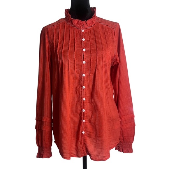 Faherty Willa Blouse Orangey - Red Pintuck Organic Cotton Ruffle L/S Top Size S - Picture 2 of 11